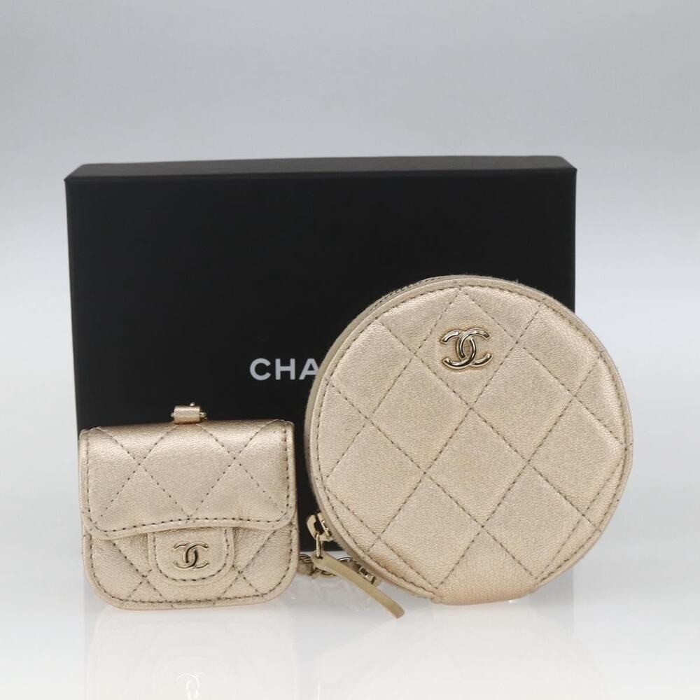 Chanel Matelasse Leather Earphone Case Pouch Champagne Gold
